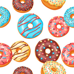 Seamless pattern with glaze donuts and sprinkles.