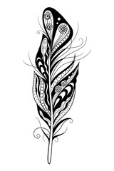 Decorative stylized feather on white background. Vector illustration doodling and zentangle style