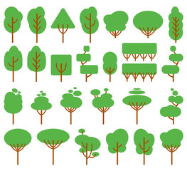Vector illustration, flat green trees set. Isolated on white background, can be used as icons for nature designs, maps, landscapes, etc.