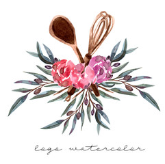 Logo for cake shop and bakery, kitchen with floral elements leaves  and flowers roses, berries and cooks. Watercolor illustration.