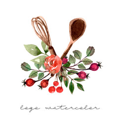 Logo for cake shop and bakery, kitchen with floral elements leaves  and flowers roses, rosehip, rowan and cooks. Watercolor illustration.