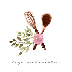 Logo for cake shop and bakery, kitchen with floral elementsand flowers roses, leaves and cooks. Watercolor illustration.