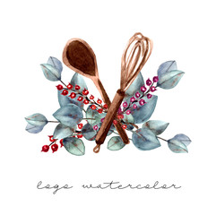 Logo for cake shop and bakery, kitchen with floral elements and red berries, eucalyptus leaves and cooks. Watercolor illustration.