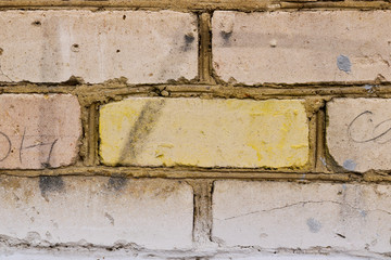 Old brick wall closeup. Abstract background from dilapidated bricks.