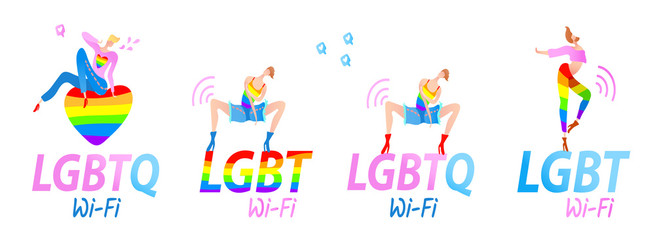 Vector colorful illustration, trendy gay men on heels set with LGBT (LGBTQ) Wi-Fi text. Flat cartoon style, isolated. Applicable for homosexual, transgender concepts, Internet hotspots, stickers.