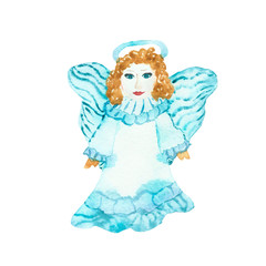 Watercolor hand painted heaven angel with orange hair, nice face and blue dress, wings on the white background for holiday celebration Saint Valentines day cards and design elements