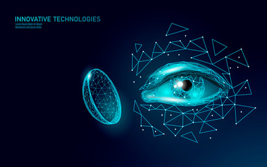 Contact lenses 3D low poly concept. Healthcare eye vision care medicine support. Close up eyesight. Ad marketing template vector illustration