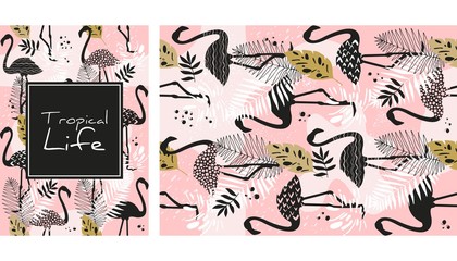 Flamingo and leaves seamless pattern, hand drawn watercolor vector illustration. Tropical banner.