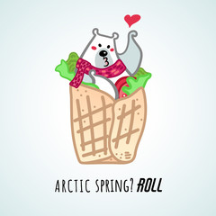 Vector illustration, funny kissing polar bear in the spring roll with tomato and green salad. Line cartoon style, with text 