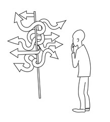 Man stands in front of a direction indicator. Vector picture.