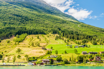 Small  houses at Olden, Norway.Olden is a village and urban area in the municipality of Stryn in Sogn og Fjordane county, Norway.