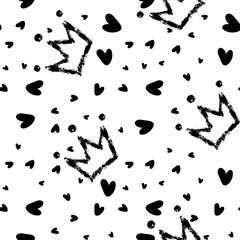 Crown and heart, girly sweet vector seamless pattern. Romantic style, hand drawn elements. Texture, black silhouettes. Applicable as endless textile or wrapping paper prints and backgrounds.
