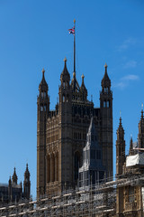 Fototapeta na wymiar London Westminster, England, view on Parliament scaffolding works and repairs