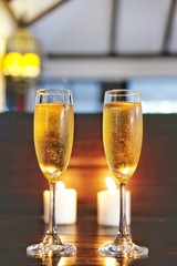 glasses of champagne on table in restaurant