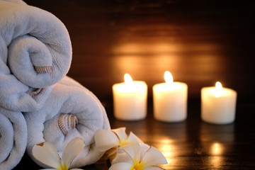 candle light atmosphere and spa on wood table