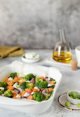 Homemade healthy omelette with feta vegetables on a white dish. Italian Cuisine. light background