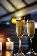 glasses of champagne on table in restaurant