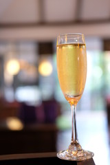 glasses of champagne on table in restaurant
