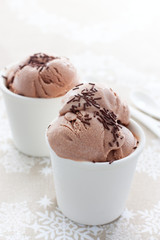 Homemade chocolate ice cream made from sour cream and condensed milk in white cups, selective focus