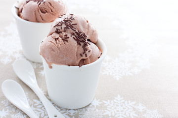 Homemade chocolate ice cream from sour cream and condensed milk in white cups, horizontal, copy space