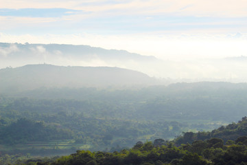 Obraz premium Scenic misty view of the valley from the mountain
