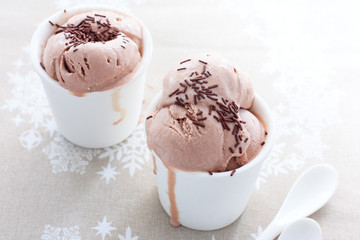 Homemade chocolate ice cream from sour cream and condensed milk in white cups, horizontal
