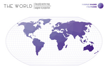 World map in polygonal style. Wagner VI projection of the world. Purple shades colored polygons. Modern vector illustration.
