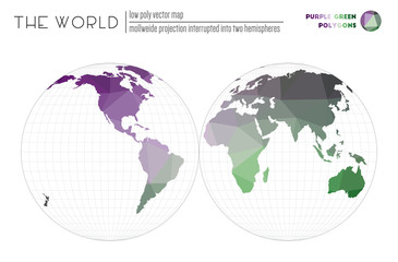 Abstract geometric world map. Mollweide projection interrupted into two hemispheres of the world. Purple Green colored polygons. Contemporary vector illustration.