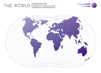 Vector map of the world. Laskowski tri-optimal projection of the world. Purple shades colored polygons. Contemporary vector illustration.