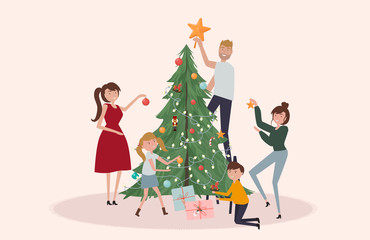 Men, women and children decorating Christmas tree.  Big family spending time together and preparing for celebrating winter holidays. Editable vector illustration.