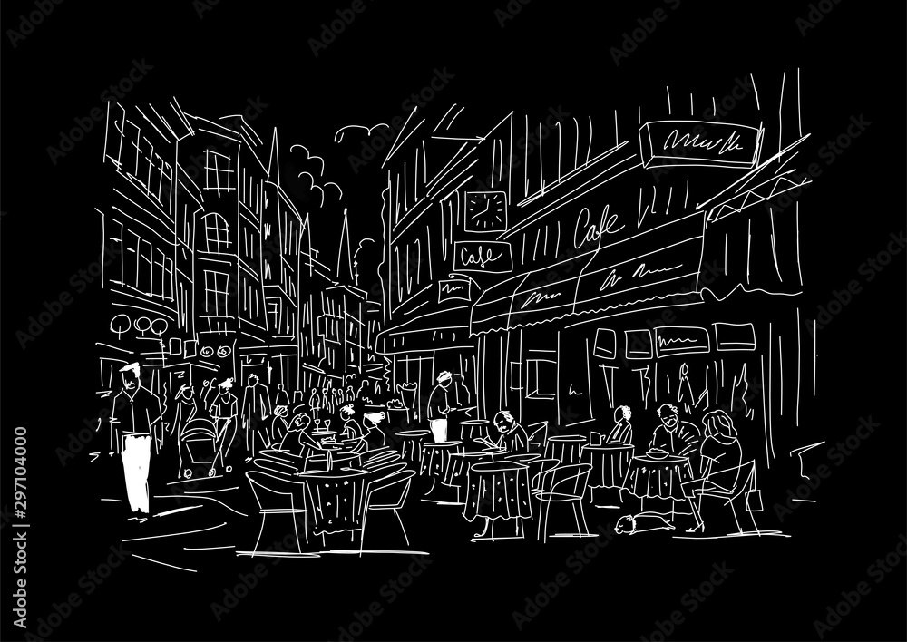 Wall mural Old european street with cafe and restaurants, sketch for your design