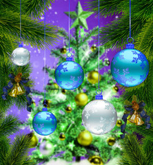Christmas background with Christmas tree branches and Christmas decorations. Merry christmas card, banner. Theme of winter holidays. Happy New Year.