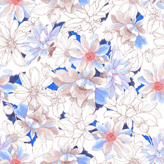 Fototapeta na wymiar Floral Seamless Pattern with Flowers Dahlias on White Background. Watercolor Style. For Textile, Wallpapers, Print, Greeting. Vector Illustration.