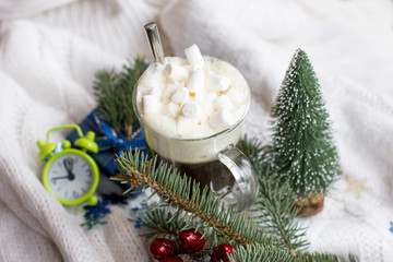 Obraz na płótnie Canvas Hot coffee with cream and marshmallow cold winter at Christmas. The new year 2020.