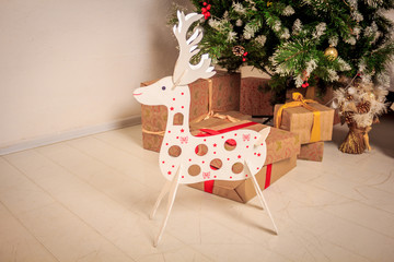 New Year's decor of a living room. Christmas. Holiday room decorations.