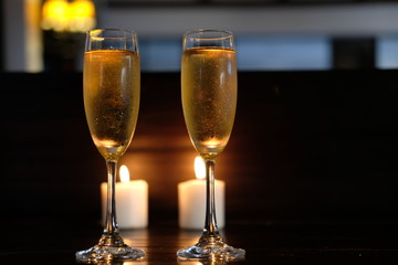 close up glass of champagne on bar counter