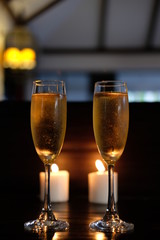 glasses of champagne on table in restaurant