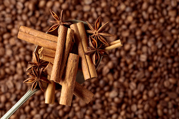 Spoon with anise and cinnamon sticks on the background of coffee beans.