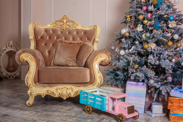 New Year's decor of a living room. Christmas. Holiday room decorations.