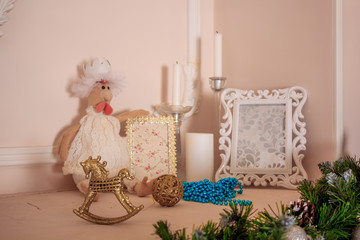 New Year's decor of a living room. Christmas. Holiday room decorations.