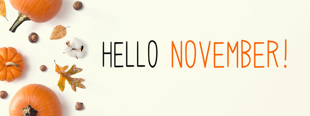 Hello November message with autumn pumpkins with leaves © Tierney