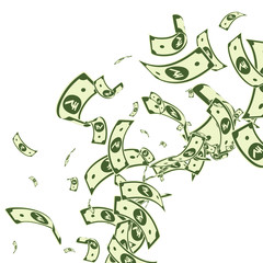 Indian rupee notes falling. Messy INR bills on whi