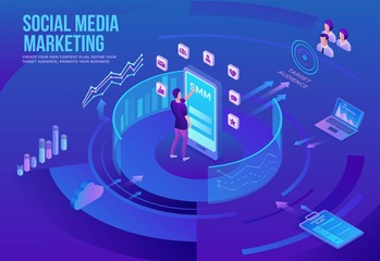 Social media marketing concept, 3d isometric infographic promotion campaign, online digital technology, business people analyze advertising report, content plan, seo optimisation vector illustration - 297106469