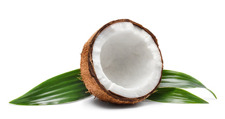 Delicious coconut with leaves, isolated on white background