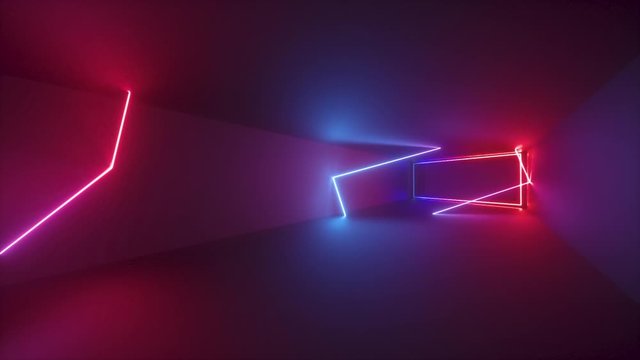 abstract neon background, moving forward endless tunnel. Loop animation. Ultraviolet light, glowing lines, virtual reality interface, frames, red blue spectrum, laser rays