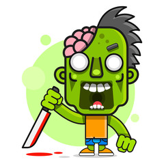 Cartoon Illustration With Green Zombie On White Background. Colorful Silhouette. Spooky Halloween Silhouette. Horror Halloween Background. Vector Illustration