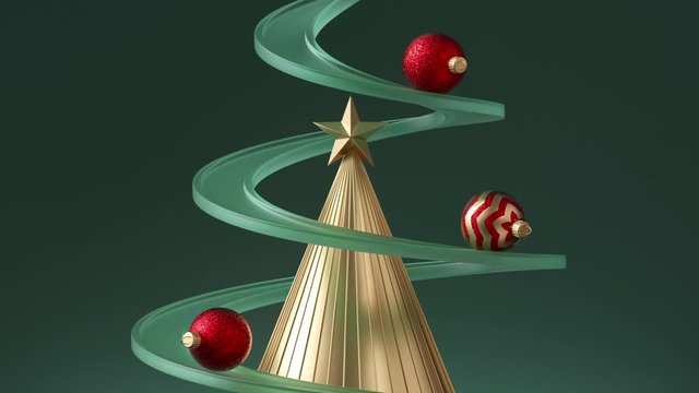 Christmas glass balls ornaments rolling down serpentine, isolated on green background. Fir tree metaphor. Modern minimal loop animation. Seamless motion design. Live image, modern animated poster.