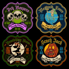 Halloween funny potion sticker-labels. Vector illustrated set of Halloween badges for beverages and cocktails. 