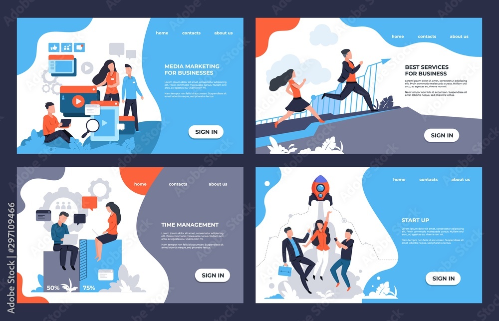 Aufkleber business landing page. web site with cartoon characters and online marketing concept. vector illustr