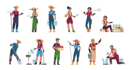 Fototapeta na wymiar Agricultural workers. Cartoon farmers and harvesting characters, hand drawn rural people with farming equipment. Vector illustrations eco concept harvesting with gardening fruits and worker person